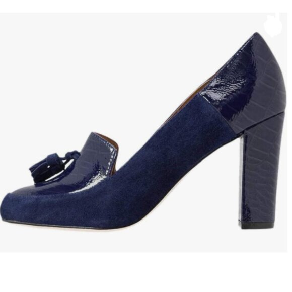 YDN Royal Blue Tassels Block High Heels Pumps Suede Fringed Dress Shoes - Picture 1 of 8